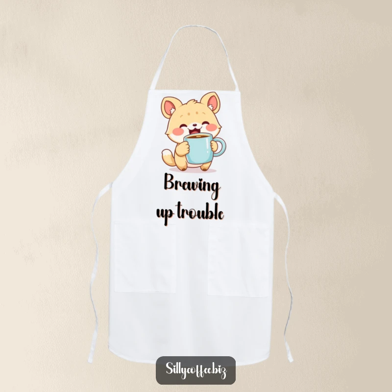 Funny Apron with a cute animal character holding a steaming coffee mug, adding cheerful vibes to cooking, a creative humorous gift.