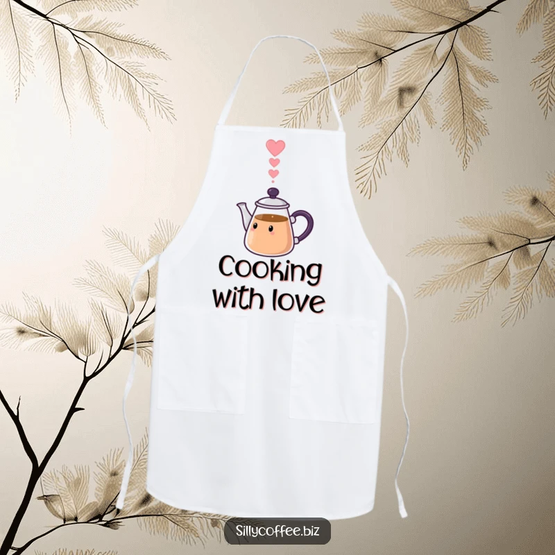 Funny Apron: A kawaii coffee pot pouring a stream of heart-shaped steam, perfect for cooking with love.