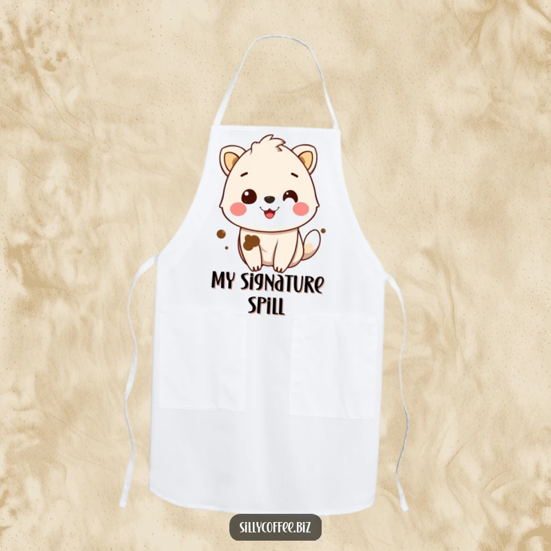 Funny Apron showcasing a smiling animal character with a coffee stain, perfect for kitchen humor and coffee enthusiasts.
