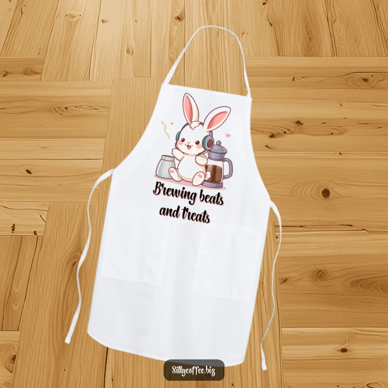 Funny apron featuring a kawaii bunny with headphones, grooving by a coffee pot, ready for kitchen adventures and musical vibes.