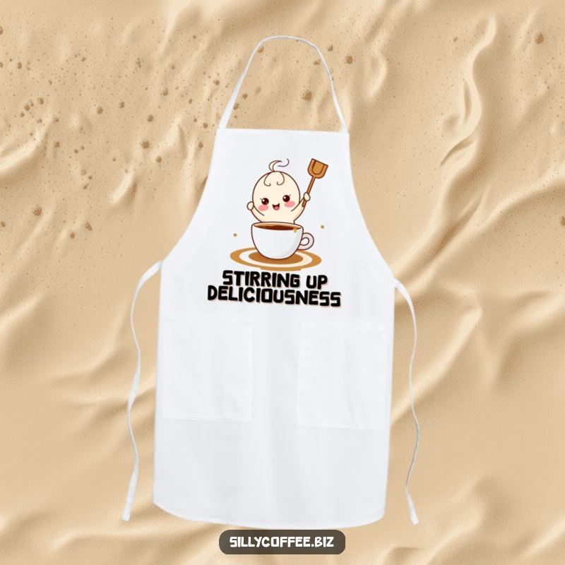 Funny kawaii coffee stirrer in a merry dance pose over a coffee splash, featured on a practical and amusing kitchen apron.