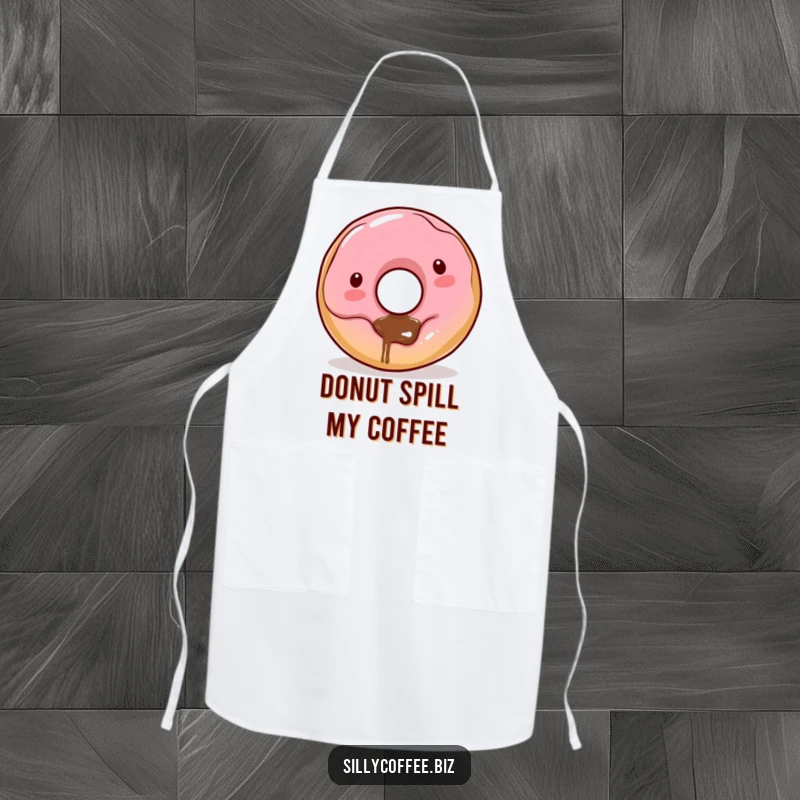 Funny Kawaii donut character with coffee dribbling from its hole, wearing an apron, ideal for a humorous kitchen accessory.