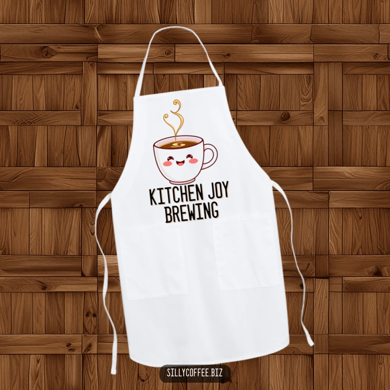 Funny Apron: A cheerful kawaii coffee cup with a happy face, steaming with excitement, perfect for cooking.