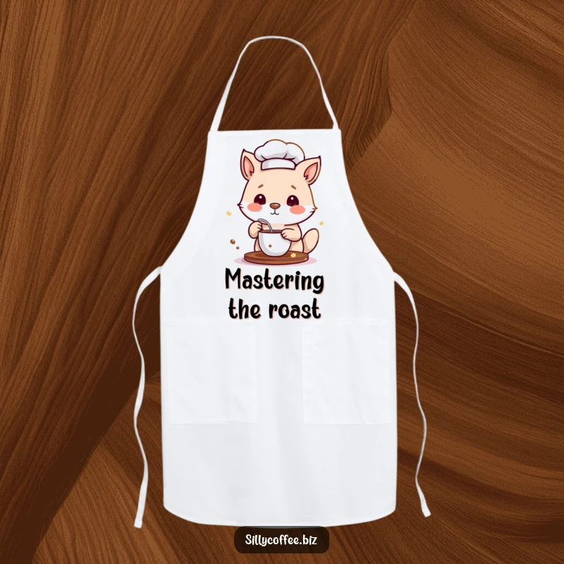 Funny Apron showing a small animal character wearing a chef hat, playfully stirring a cup of coffee with a whisk.
