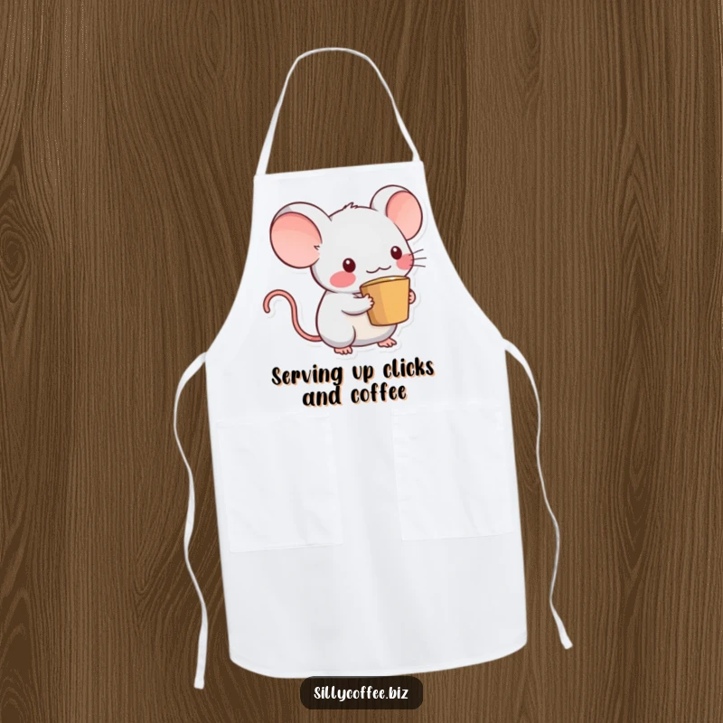 Funny Kawaii computer mouse character with a coffee cup tail wearing an apron, ready to cook, a humorous kitchen accessory.