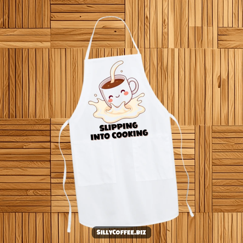Funny Apron: A kawaii coffee mug with a pleased expression, sliding down a milk splash, ready for culinary fun.