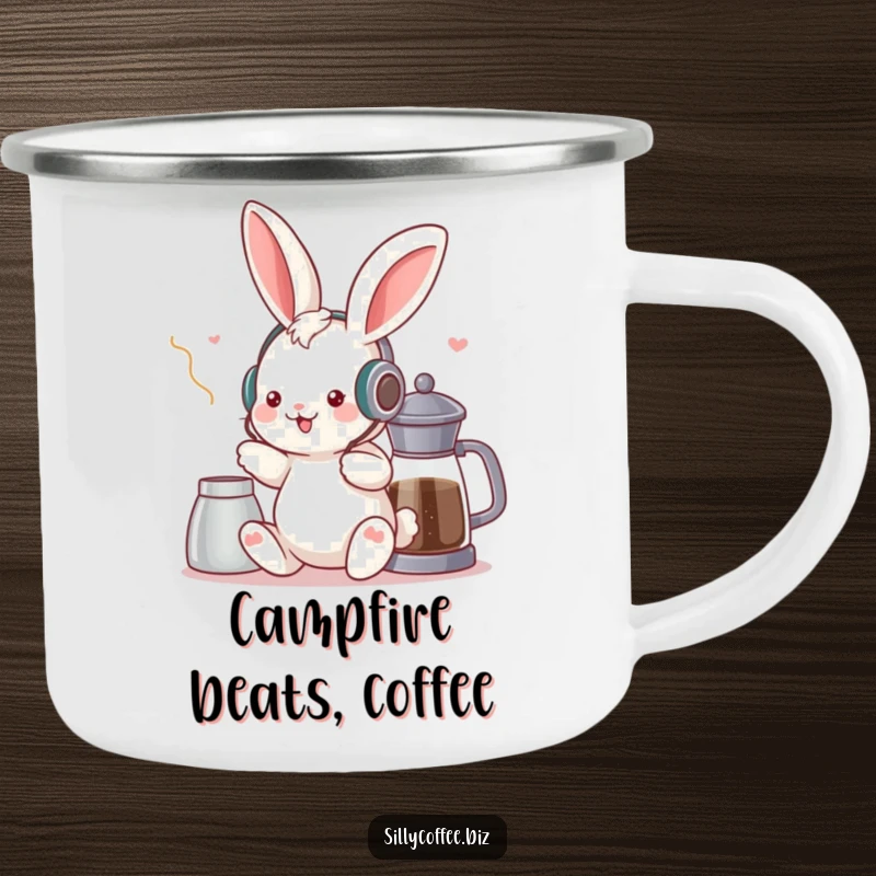 Funny camping mug featuring a kawaii bunny with headphones, grooving near a coffee pot, ready for campfire tunes and warm drinks.