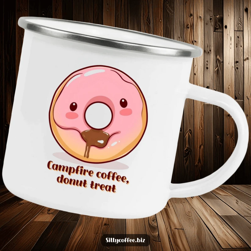 Funny Kawaii donut character with coffee dribbling from its hole on a sturdy camping mug, ready for the outdoors.