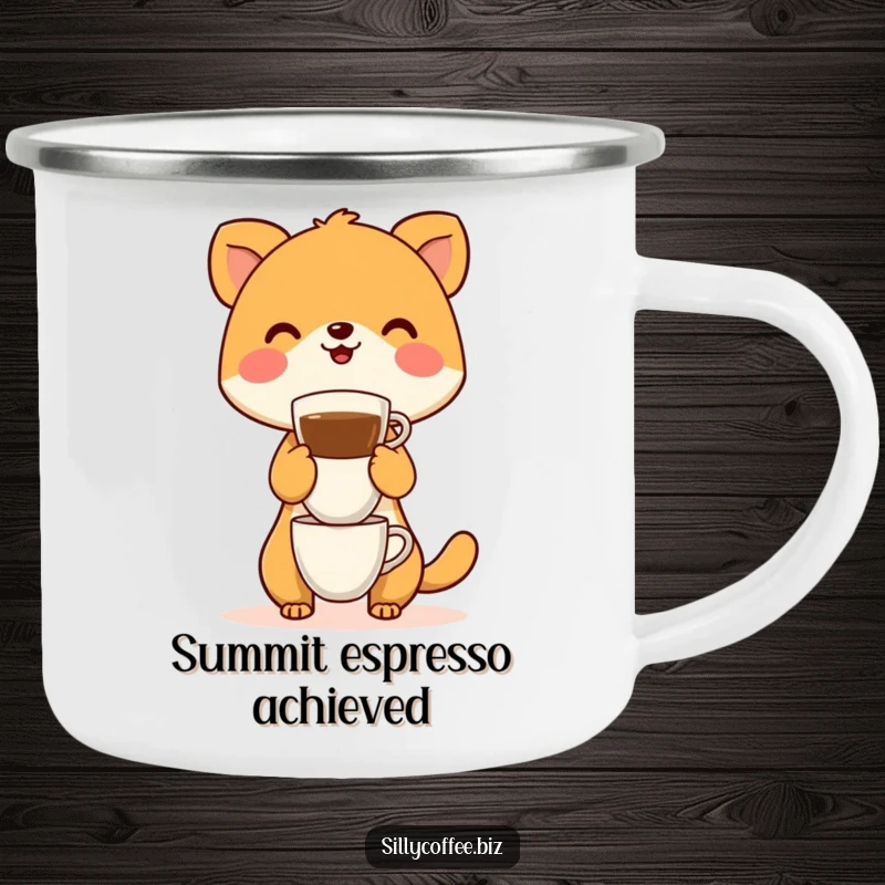 Funny Camping Mug showing a happy animal character balancing a tower of coffee cups, ideal for outdoor coffee lovers.