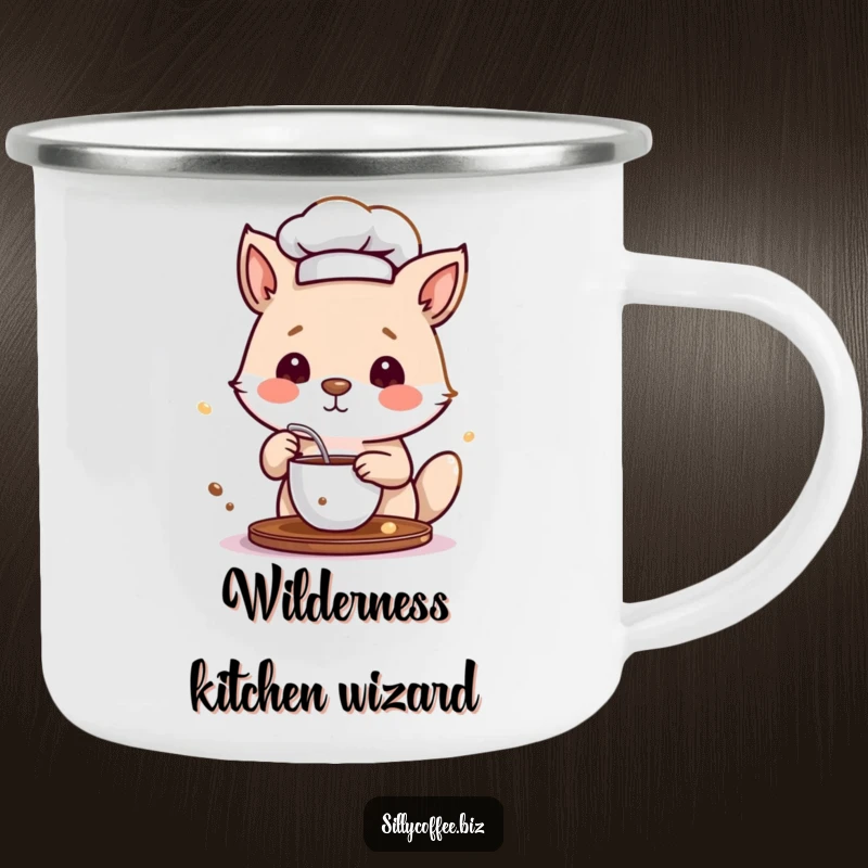 Funny Camping Mug with a small animal chef in a hat, playfully stirring a cup of coffee, for outdoor enjoyment.