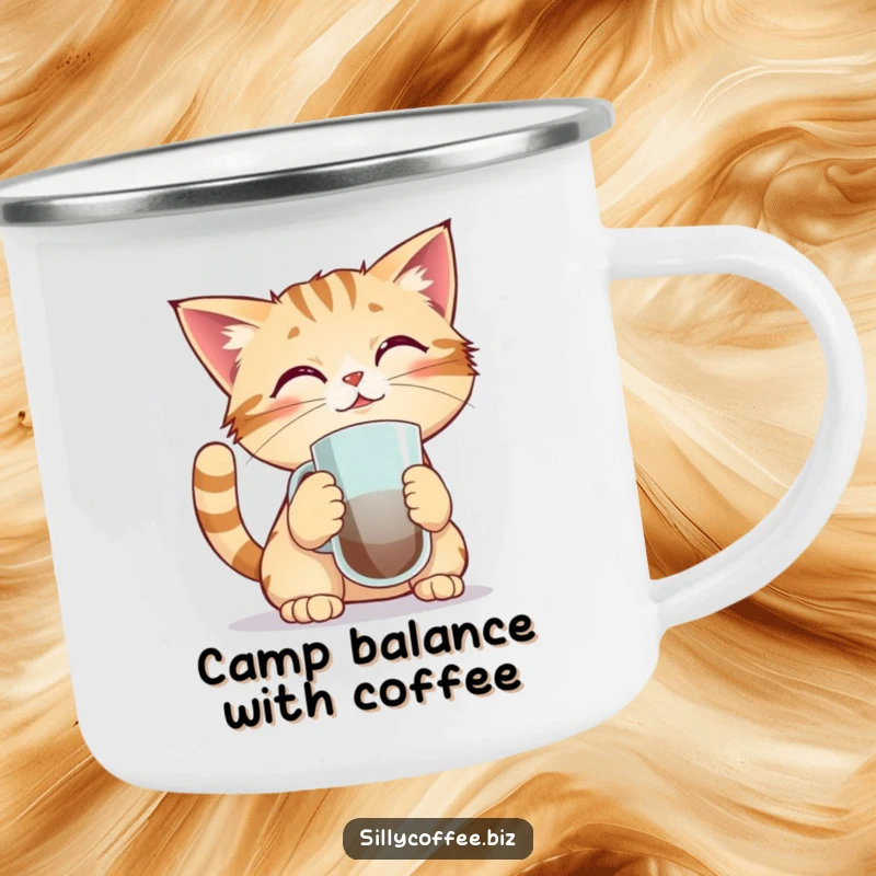 Funny camping mug featuring a kawaii cat attempting to balance a coffee mug on its nose, ready for outdoor enjoyment.