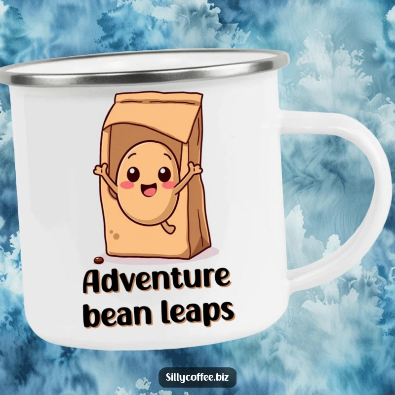 Funny Camping Mug: A kawaii coffee bean excitedly jumping from a coffee bag, perfect for outdoor coffee.