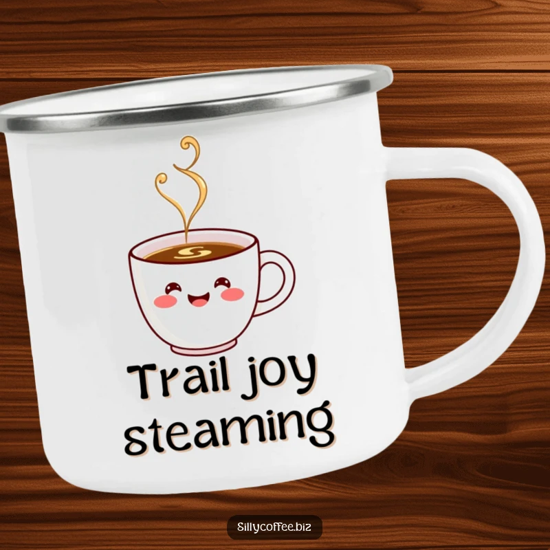 Funny Camping Mug: A kawaii coffee cup character with a happy face, steaming joyfully, perfect for the outdoors.