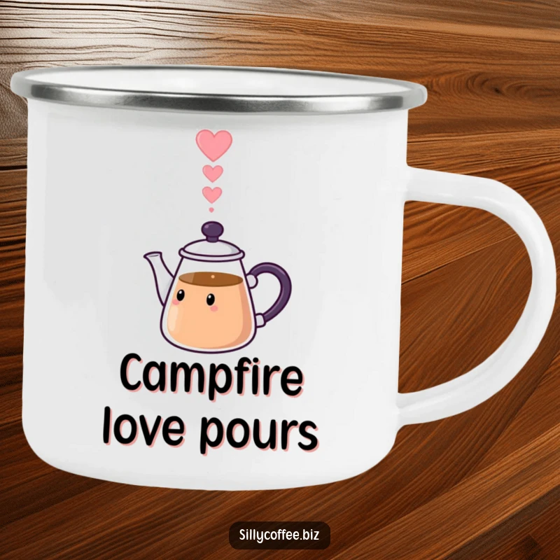 Funny Camping Mug: A kawaii coffee pot pouring heart-shaped steam, perfect for romantic outdoor coffee moments.