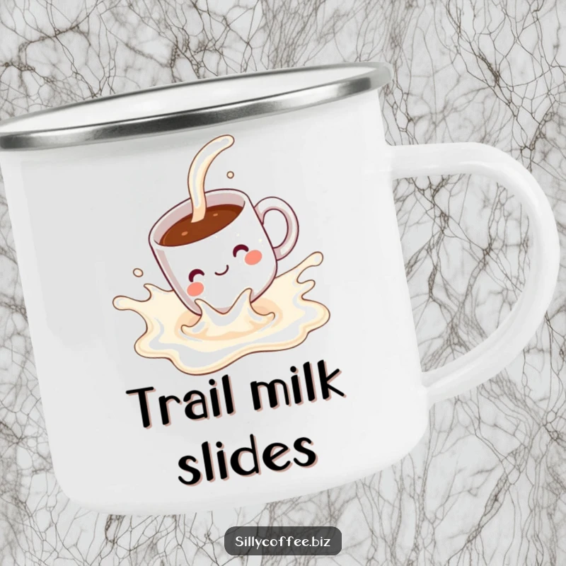 Funny Camping Mug: A kawaii coffee mug with a pleased expression, sliding down a milk splash, for outdoor enjoyment.