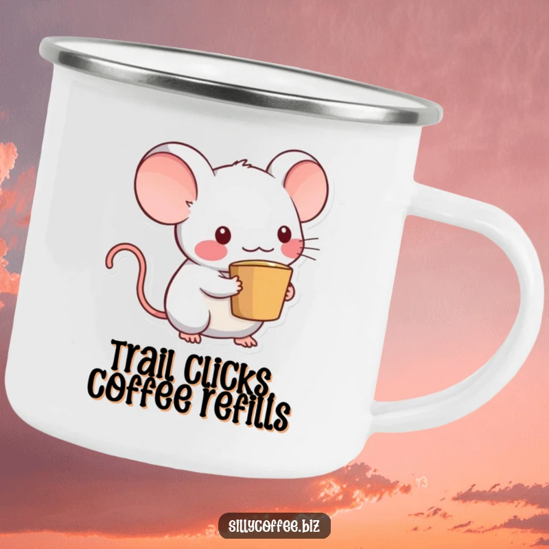Funny Kawaii computer mouse character with a coffee cup tail on a rugged camping mug, ready for adventure and coffee.