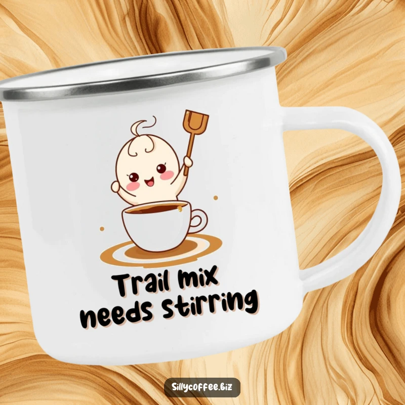 Funny kawaii coffee stirrer dancing merrily in a pool of coffee, designed on a sturdy camping mug for outdoor enjoyment.