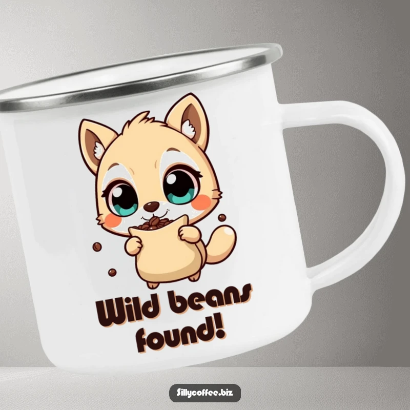 Funny Camping Mug with an animal character shaking a coffee bean bag, perfect for outdoor enjoyment and as an energetic humorous gift.