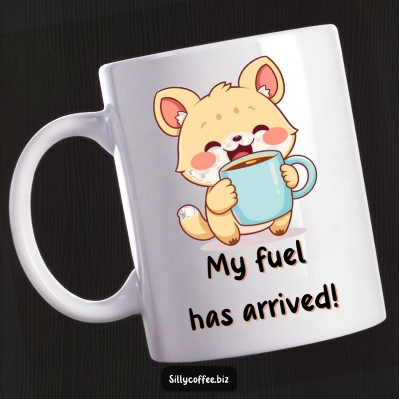 Funny Mug with a cute animal character excitedly holding a steaming coffee mug, radiating morning joy and caffeine love, a perfect gift.