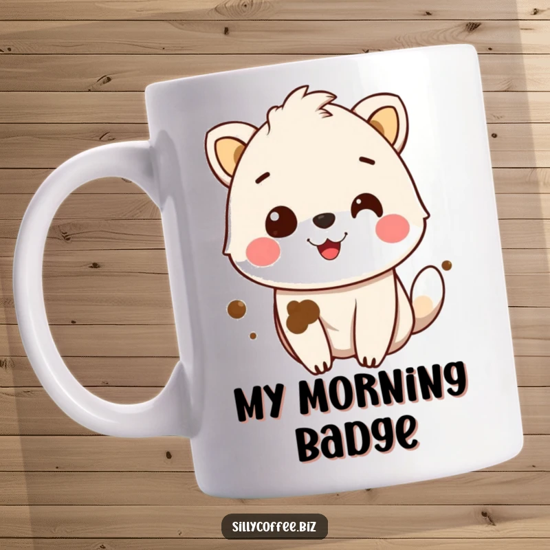Funny Mug with a cheerful animal character showing off a prominent coffee stain on its fur while smiling broadly.