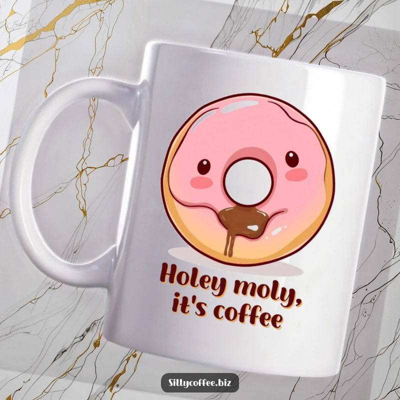 Funny Kawaii donut character with a coffee dribbling from its hole, looking mischievous, perfect for a coffee lover's mug.