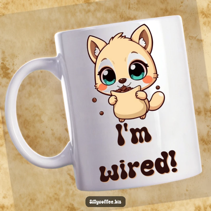 Funny Mug with an energetic animal shaking a coffee bean bag, conveying intense coffee anticipation and humor, a perfect gift.