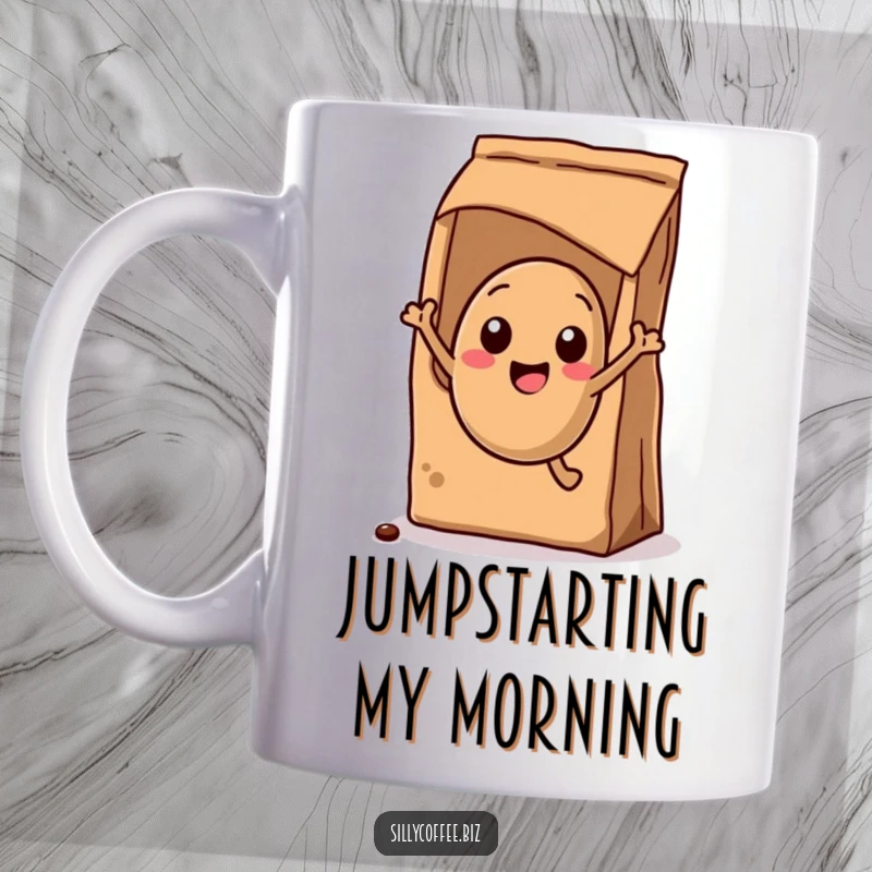 Funny Mug: A kawaii coffee bean ecstatically jumping out of a coffee bag, full of excitement.