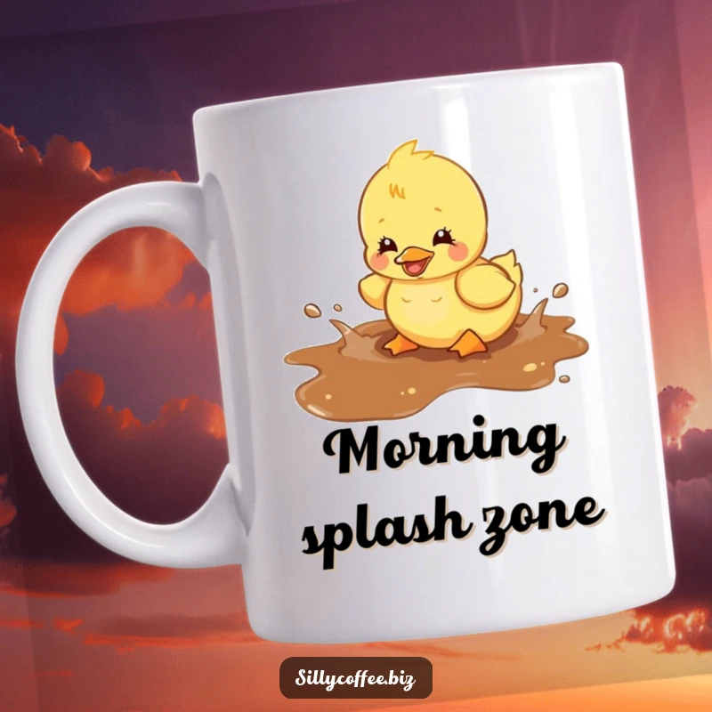 Funny kawaii duckling happily splashing in a spilled coffee puddle, with wings spread and a joyful expression, full of playful energy.
