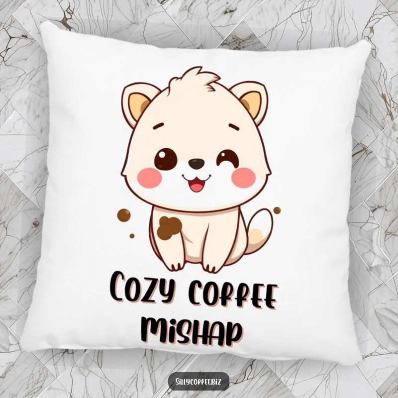 Funny Pillow depicting a smiling animal character with a coffee stain on its fur, adding whimsical humor to relaxation.