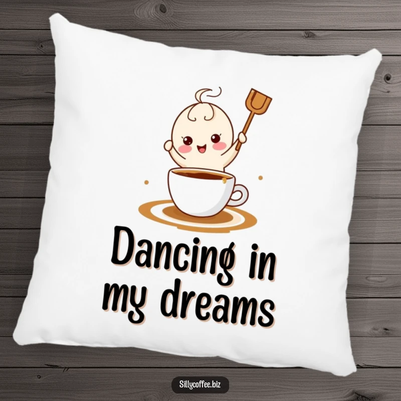 Funny kawaii coffee stirrer joyfully dancing in a cup of coffee, depicted on a soft and decorative throw pillow.