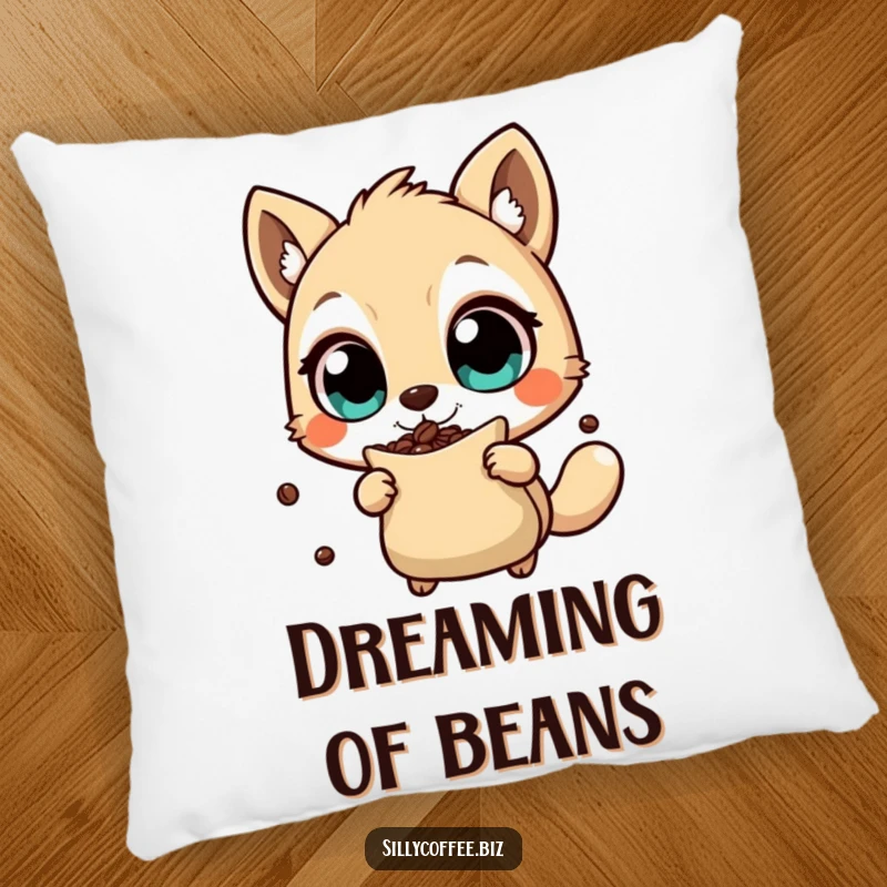 Funny Pillow with an animal character energetically shaking a coffee bean bag, offering comfort and humorous coffee obsession, a cozy gift.