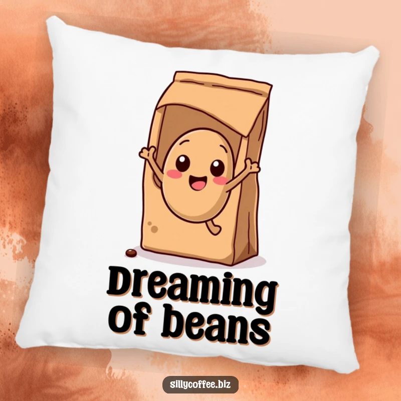 Funny Pillow: A plush kawaii coffee bean character in a dynamic, excited jump out of a coffee bag.