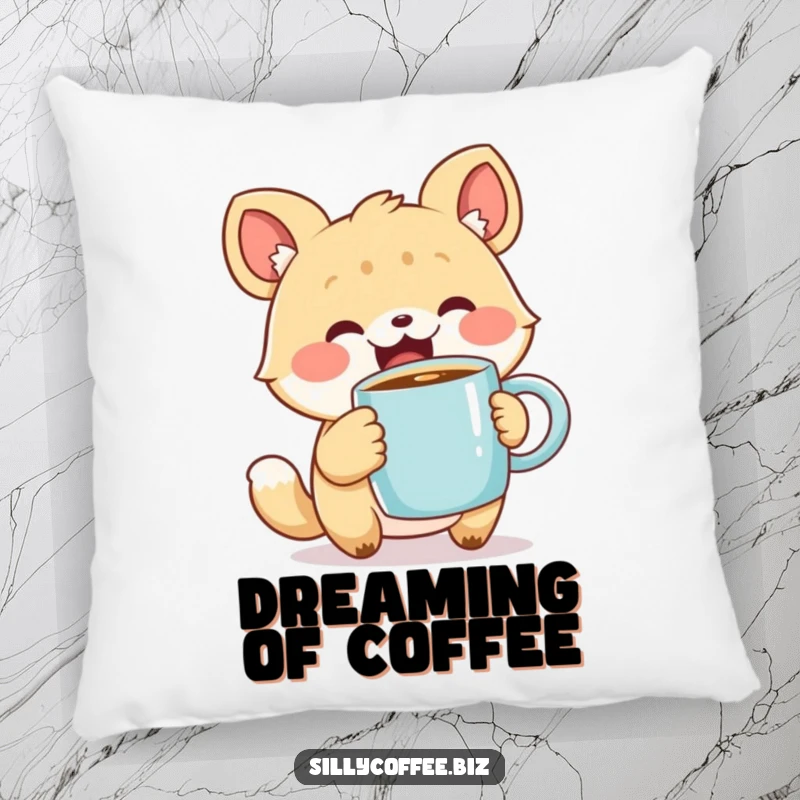 Funny Pillow with a cute animal character excitedly holding a steaming coffee mug, offering comfort and cute coffee-themed humor, a cozy gift.
