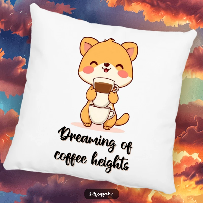 Funny Pillow showcasing a happy animal character precariously balancing a mountain of coffee cups, adding humor to relaxation.