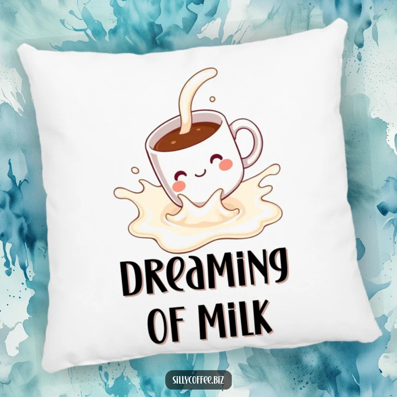 Funny Pillow: A kawaii coffee mug with a pleased look, riding a splash of milk with joy.