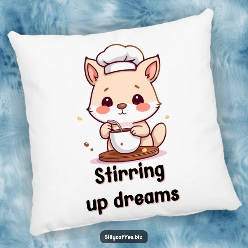 Funny Pillow depicting a small animal chef stirring coffee, adding a touch of whimsical humor to any room.