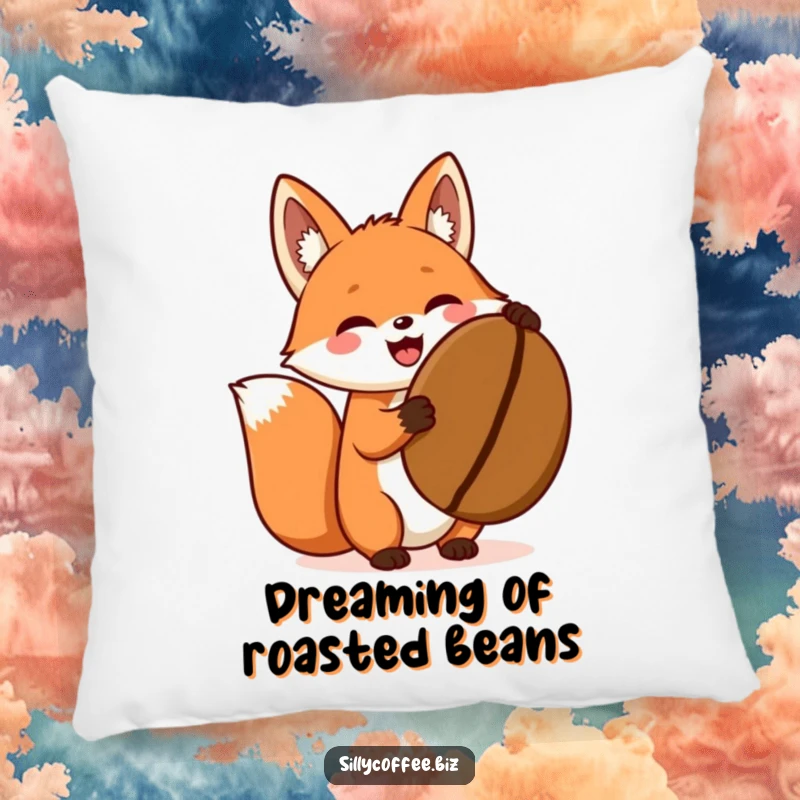 Funny pillow featuring an excited kawaii fox holding a giant coffee bean, perfect for cozy comfort.