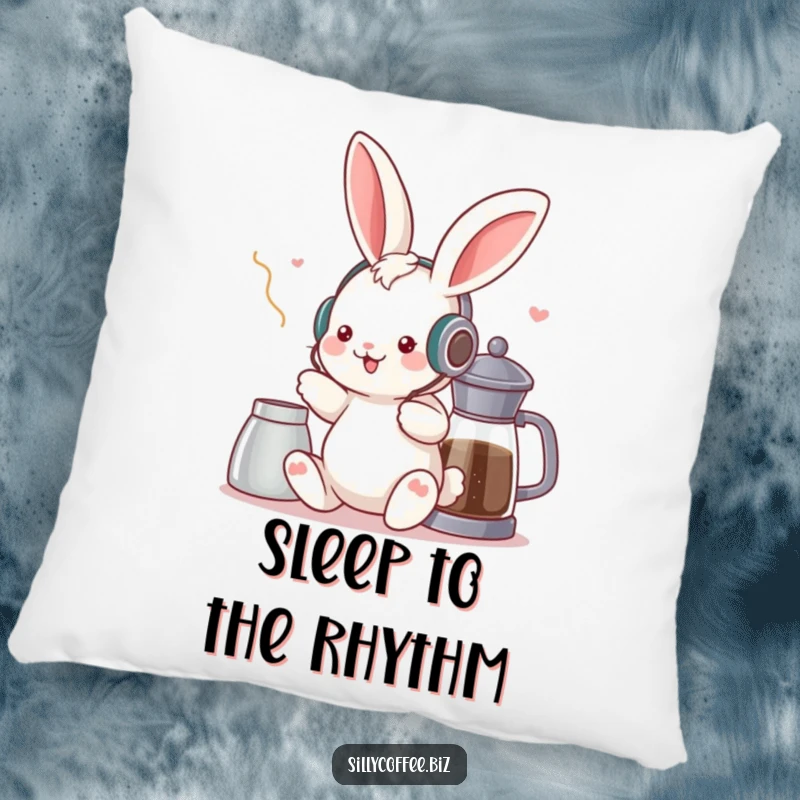 Funny pillow with a cute kawaii bunny wearing headphones, grooving near a coffee pot, adding comfort and humor to relaxation.