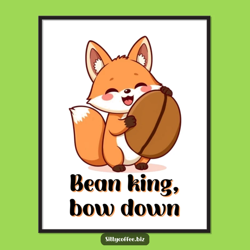Funny Fox Digital Art: Kawaii Coffee Bean Excitement, Cute Wall Art Gift