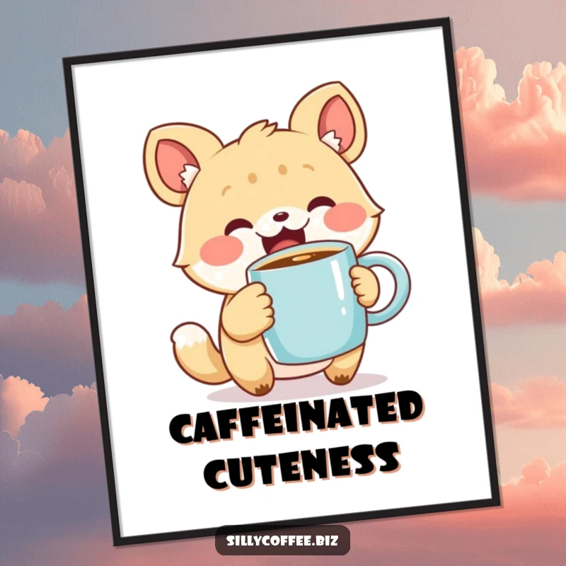 Funny Digital Art Print of a cute animal character excitedly holding a steaming coffee mug, offering cheerful and humorous decor, an instantly downloadable gift.