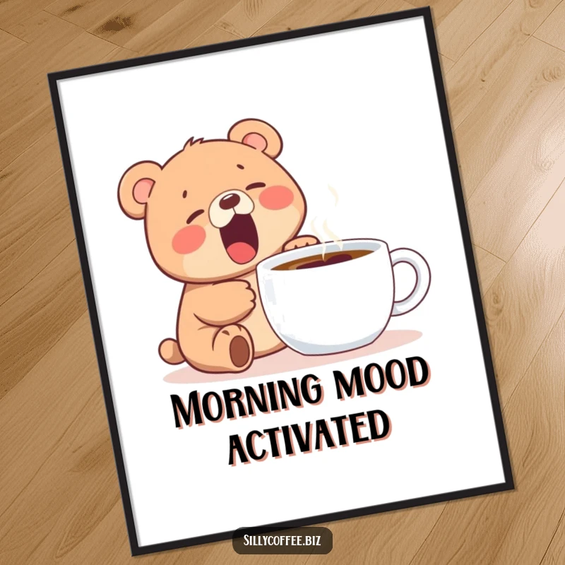 Funny digital art print of a kawaii bear cub yawning widely next to a steaming coffee mug, capturing morning charm.