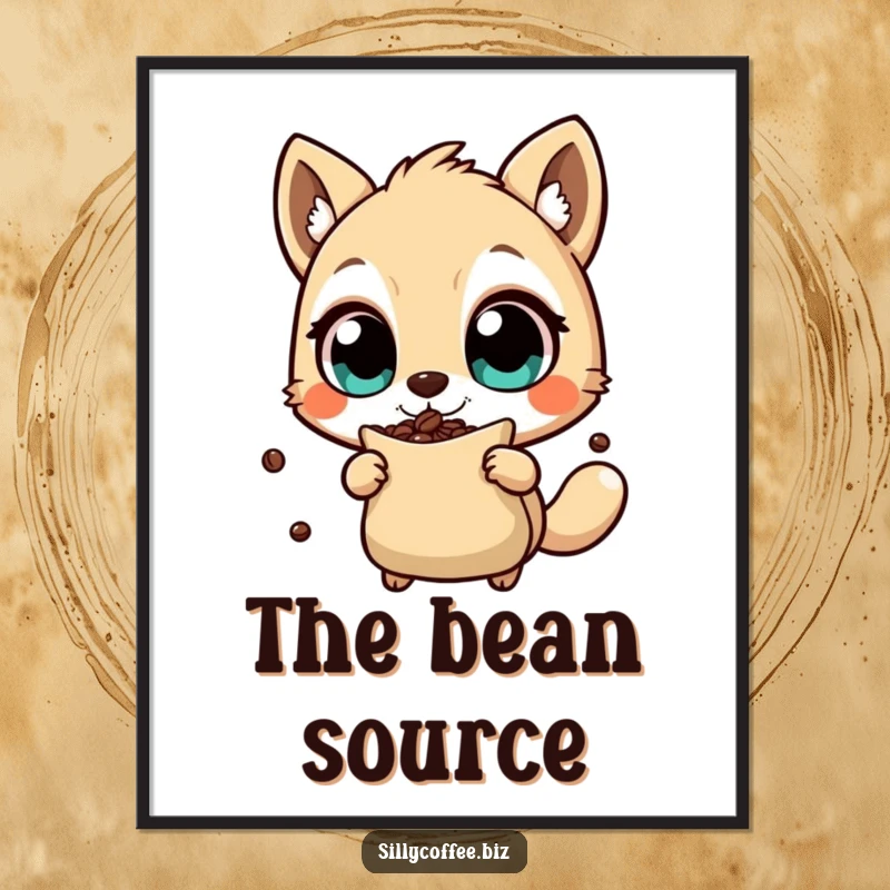 Funny Digital Art Print of an animal character shaking a coffee bean bag, offering energetic and humorous decor, an instantly downloadable gift.