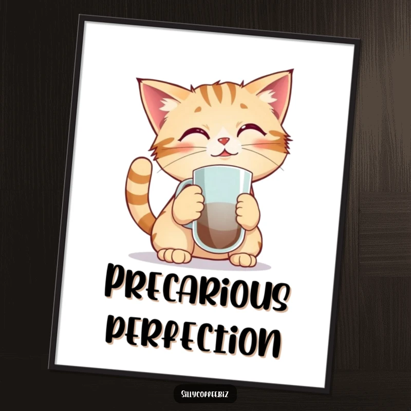 Funny digital art print of a kawaii cat intensely balancing a coffee mug on its nose, ideal for immediate download and display.