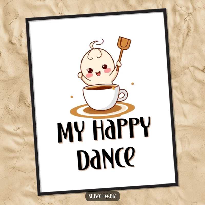 Funny kawaii coffee stirrer in a dynamic dance pose within a coffee pool, ready as an instantly downloadable digital art print.