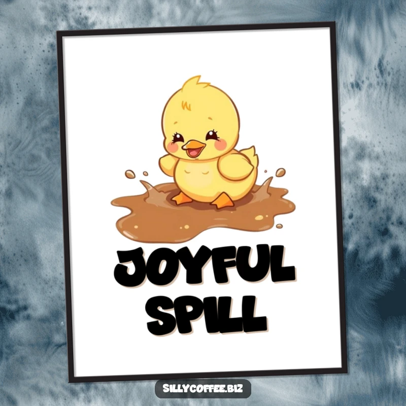 Funny digital art print of a kawaii duckling gleefully splashing in a spilled coffee puddle, ideal for immediate download and joyful display.