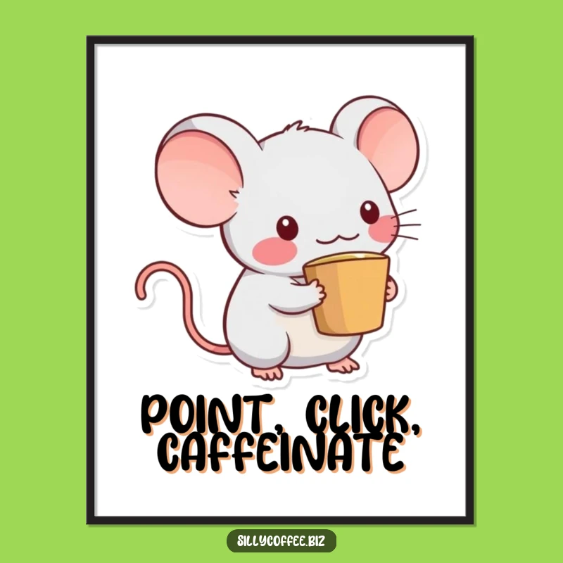 Funny Kawaii Mouse Digital Art Print: Adorable Coffee Cup Tail Mouse Decor