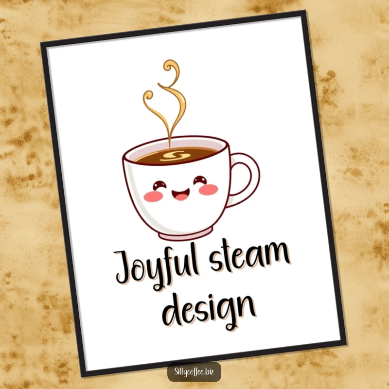 Funny Digital Art: A smiling kawaii coffee cup character, steaming with pure joy, perfect for digital display.