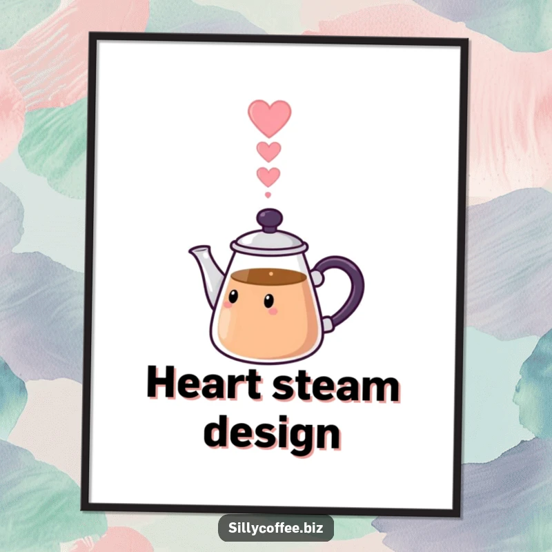 Funny Digital Art: A kawaii coffee pot pouring a stream of heart-shaped steam, perfect for digital display.