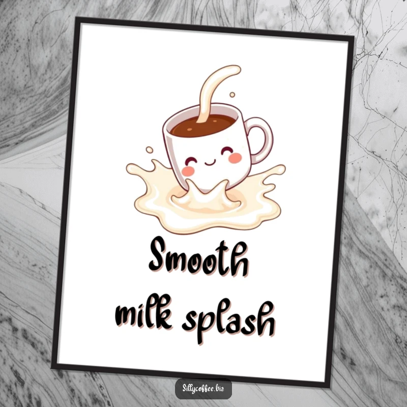 Funny Digital Art: A kawaii coffee mug with a pleased expression, joyfully sliding down a splash of milk.