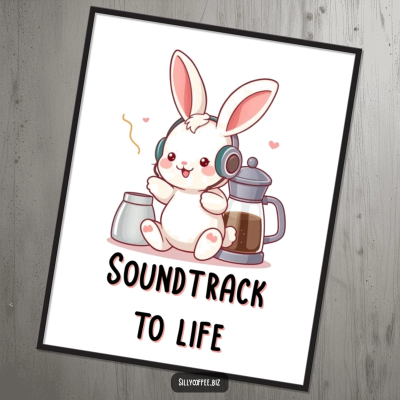 Funny digital art print of a kawaii bunny wearing headphones, grooving near a coffee pot, ideal for instant download and joyful decor.